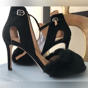 ANTONIO MELANI Black Suede Heels with Fur Detail